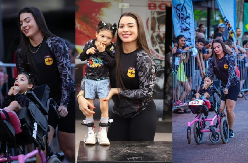  Mãe participa de corrida no Amapá empurrando cadeira de filha com microcefalia: ‘O amor nos fez voar’