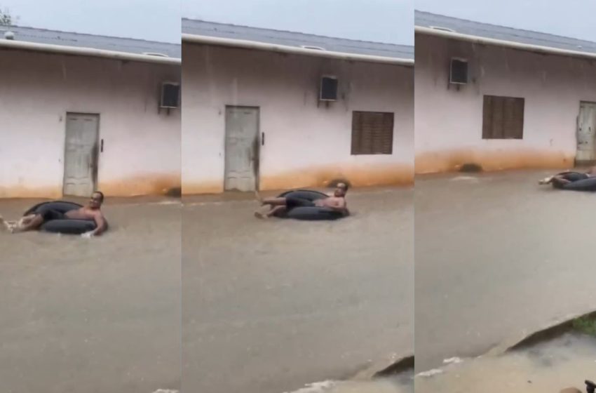  VÍDEO: morador do Sul do Amapá usa boia para ‘surfar’ em rua alagada durante temporal